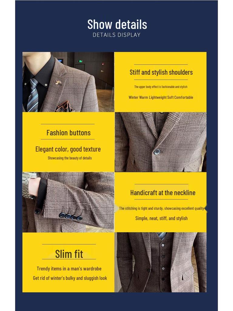 Мужской приталенный костюм-тройка в корейском стиле, весенний, повседневный