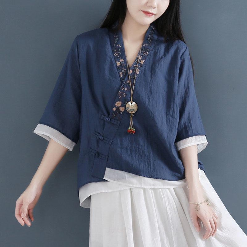 Women's V-Neck Cotton Linen Shirt - Spring/Summer 2024, Loose Fit, Large Size, Casual Short-Sleeve
