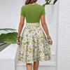 Women's Casual Fashion Belted Floral Print Short Sleeve Round Neck Elegant Dress