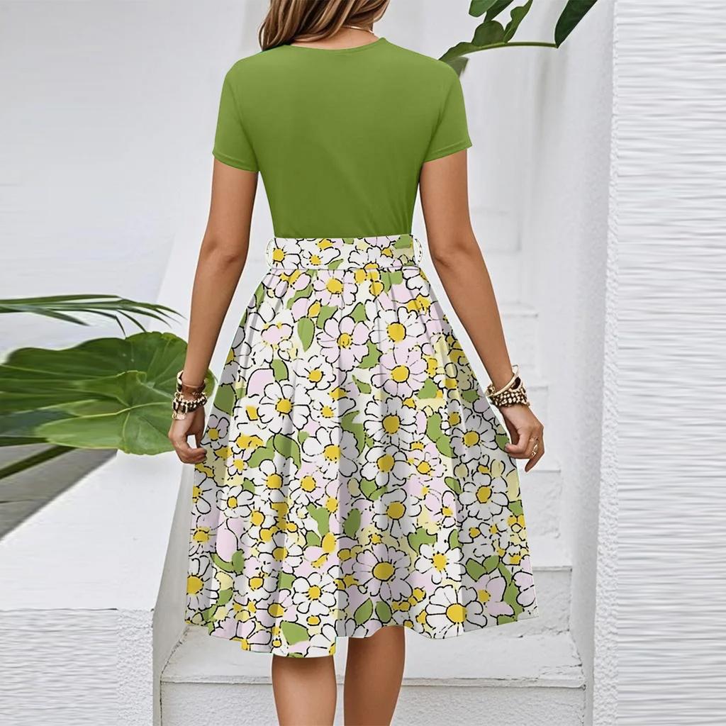 Women's Casual Fashion Belted Floral Print Short Sleeve Round Neck Elegant Dress