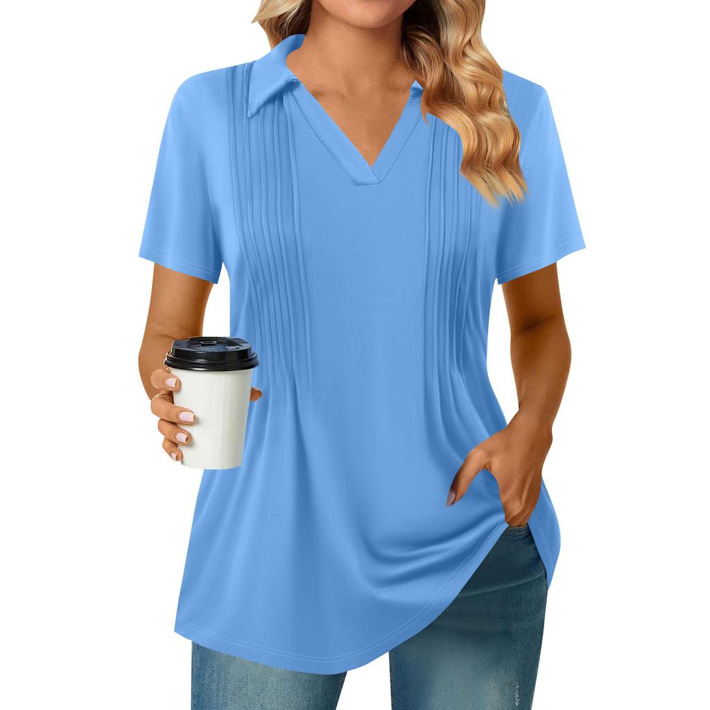 Женские футболки с коротким рукавом, плиссированные, с V-образным вырезом, однотонные, с воротником, летние топы, модные, деловые, повседневные, для работы