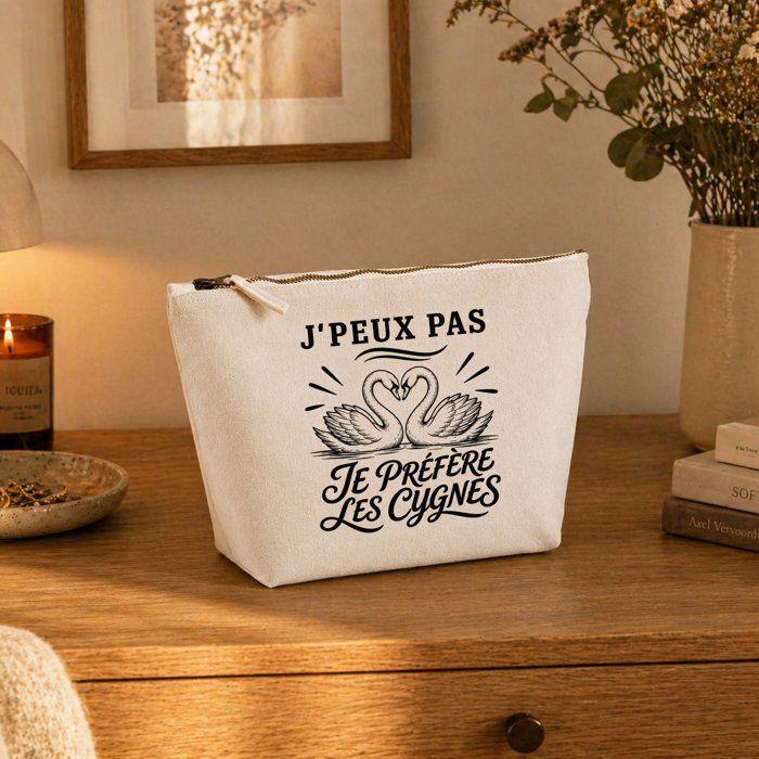Trousse Beige J’peux pas je préfère les Cygnes J'peux pas minimaliste | Trousse de Toilette en Coton 3 L avec Zip Métal et Fond
