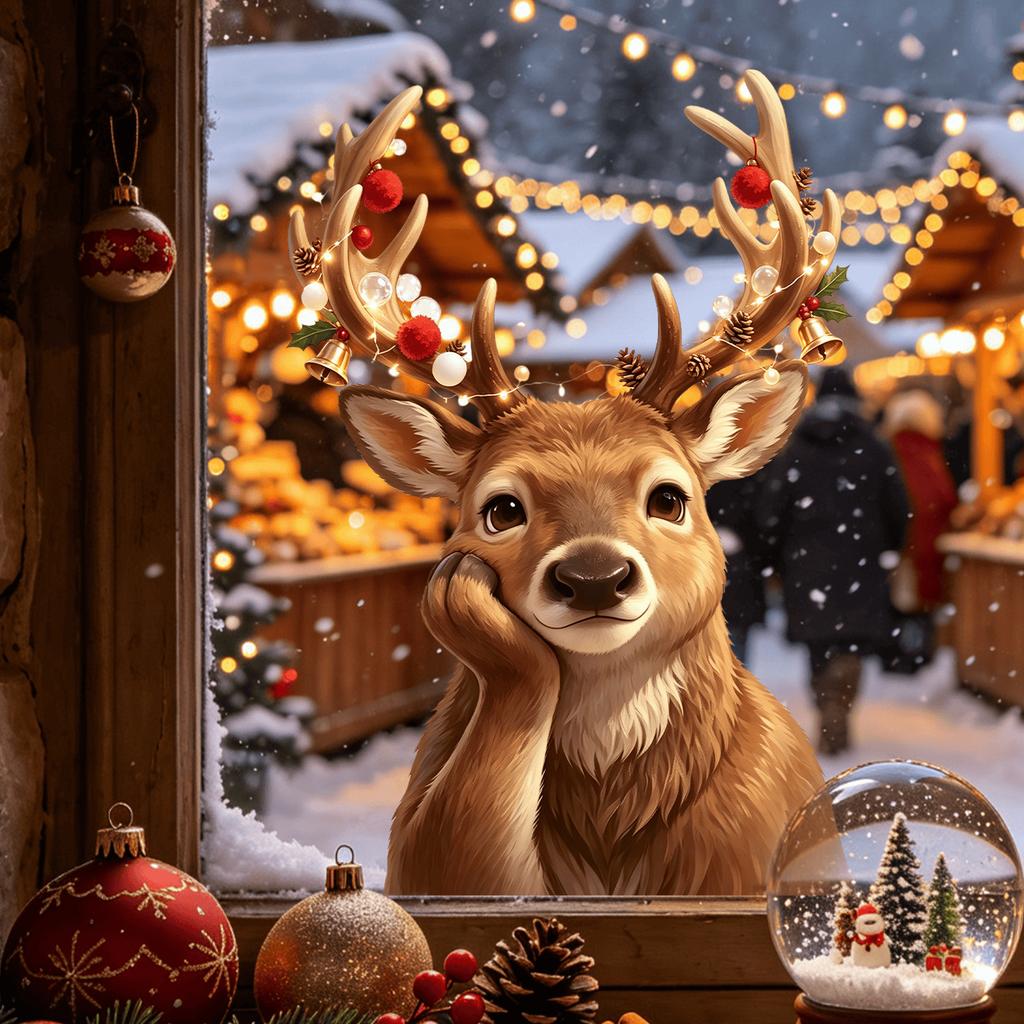 Cute Resting Reindeer Christmas Static Window Clings, Glue‑Free Removable Elk Glass Stickers for Xmas Home Shop Window Decor