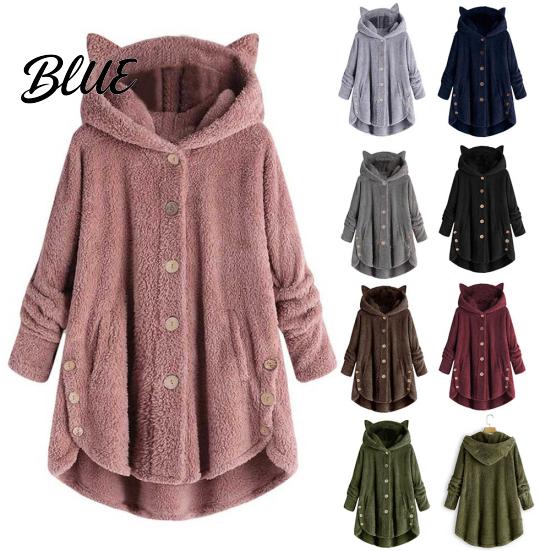 Милая женская зимняя куртка-пальто с капюшоном в виде кошачьих ушек, асимметричным подолом и пуговицами, флисовая