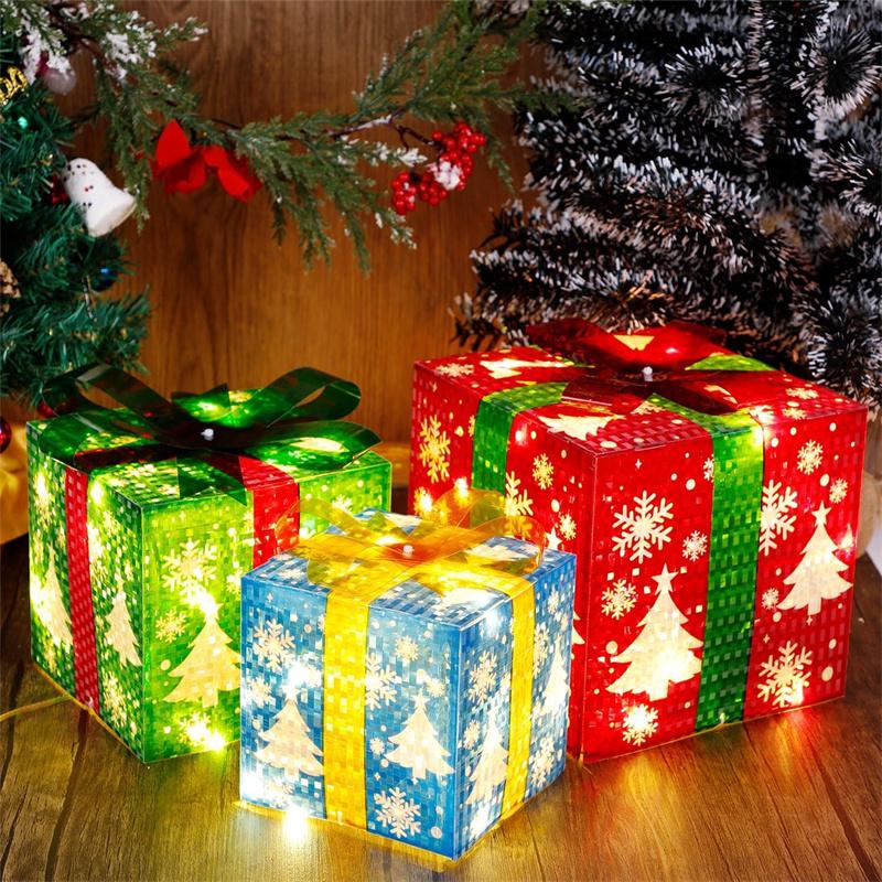 3PCS Lighted Gift Boxes Christmas Decorations Snowflake Present Boxes Christmas Home Gift Box for Indoor Home Yard Lawn Decor