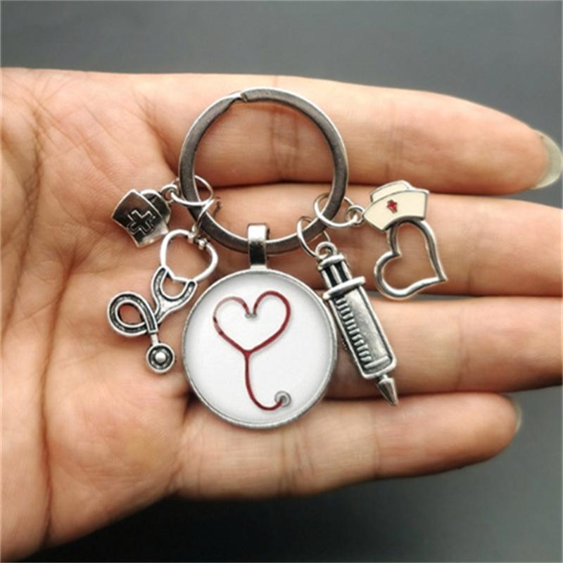 1Pc Nurse Medical Syringe Keychain Glass Key Ring Pendant Stethoscope Pattern Keychain Gift