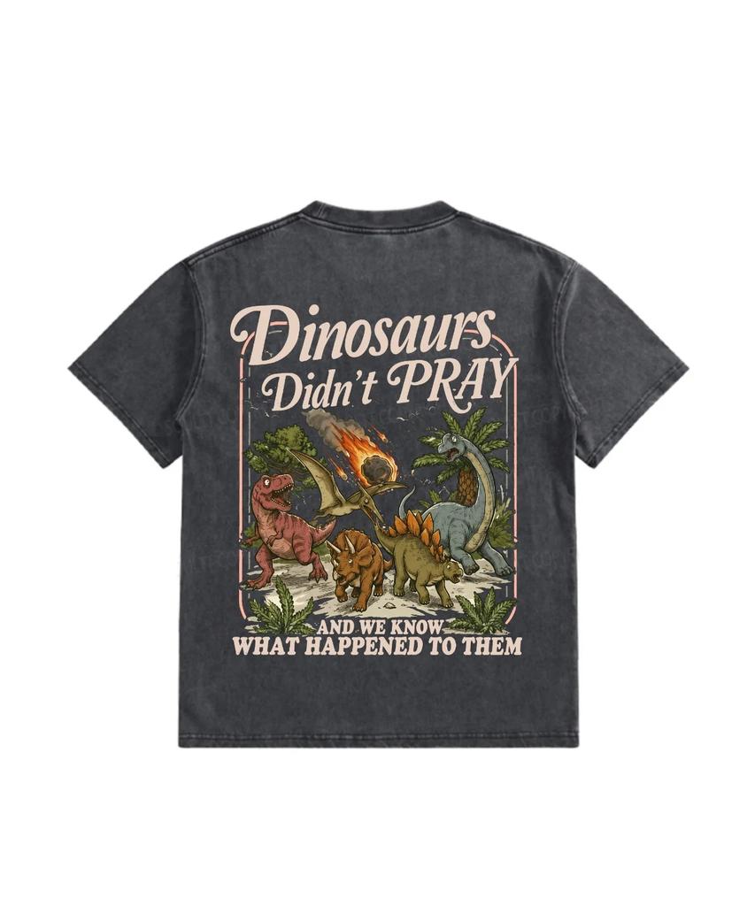 Dinosaurs Didn't Pray Dinosaur Graphic Vintage Acid Washed T-Shirt Men Women Oversized Short Sleeve Crew Neck Retro Casual Tops