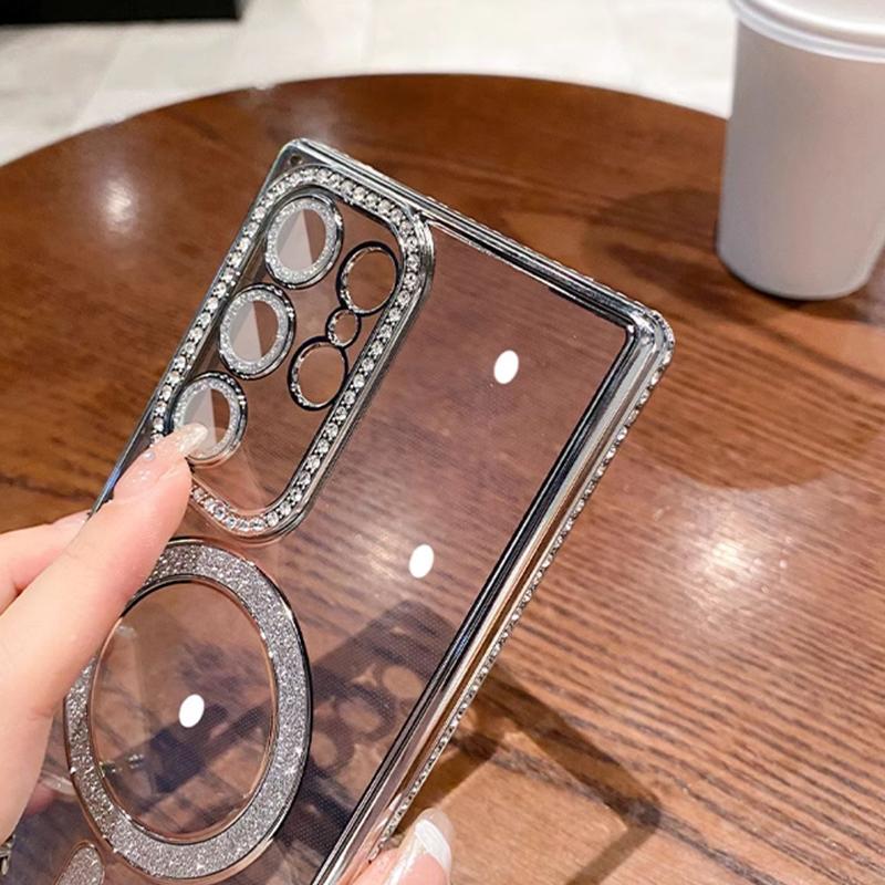Модный блестящий прозрачный чехол со стразами для Samsung Galaxy S24 Plus S23 S22 Ultra для Magsafe, силиконовый чехол с беспроводной зарядкой