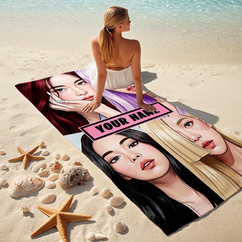 1PC Custom Name "Modern Beauty Portraits" Beach Towel Highly Absorbent And Sand-Resistant Towel for Swimming, Pool, Yoga, And Travel Lightweight
