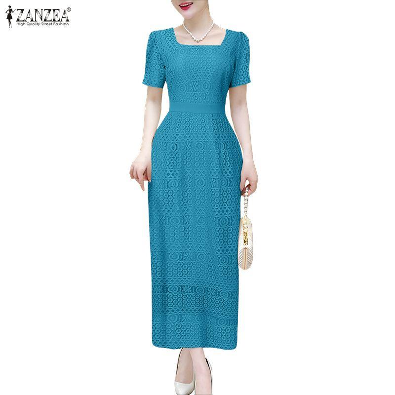 ZANZEA Женское летнее повседневное платье с коротким рукавом, квадратным вырезом, лоскутным кружевом