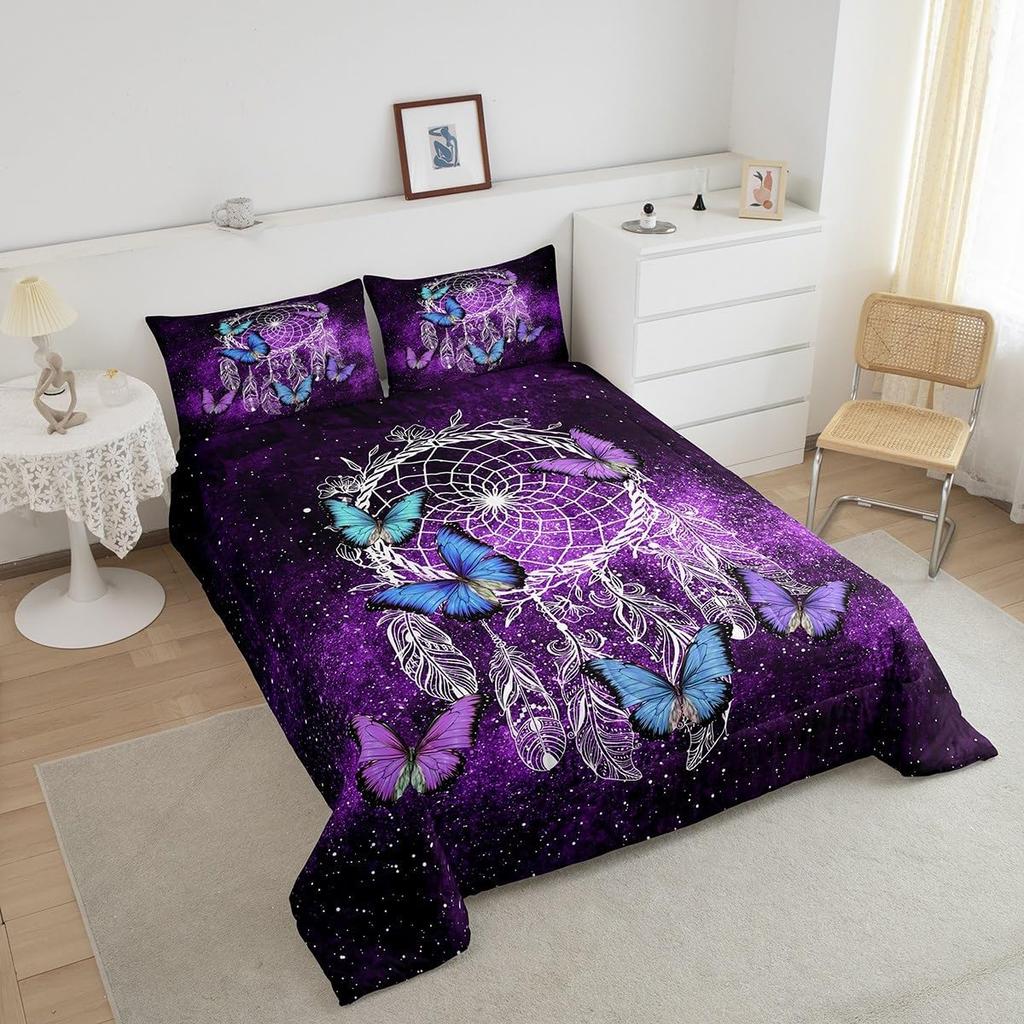 Butterfly Dream Catcher Comforter Set for Kids Teens Girls, Mandala Feather Bedding Down Comforter Twin Size, Bohemian Duvet Insert, Galaxy