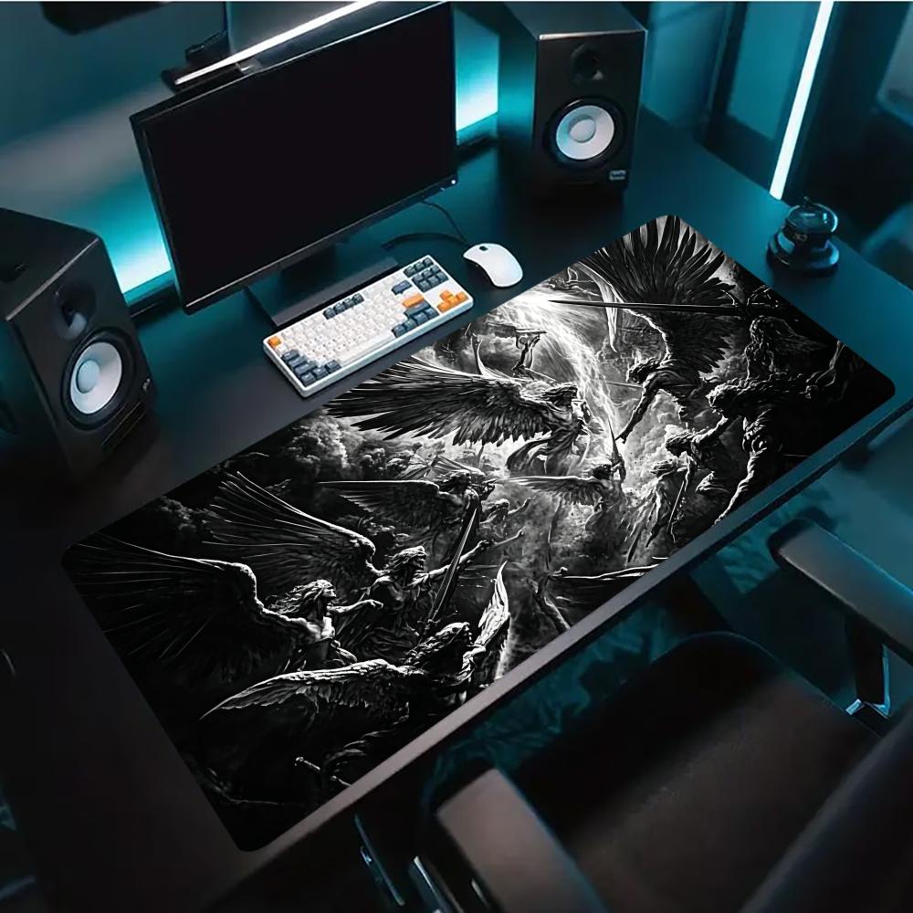 Black White Angel Wing Large Gaming Desk Mat Non Slip Rubber Mousepad Stitched Edge Laptop Keyboard Mat Dark Gothic Ink Art