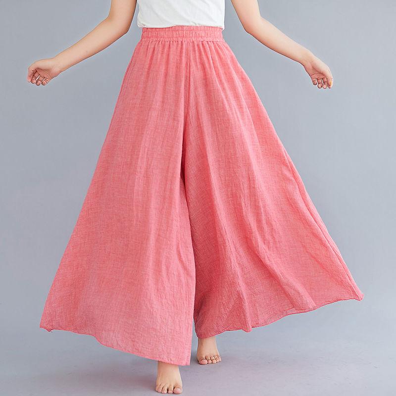 Artistic Cotton Wide Leg Pants for Women's Summer Loose and Casual Solid Color Big Swing High Waist Retro Yoga Pants Skirt