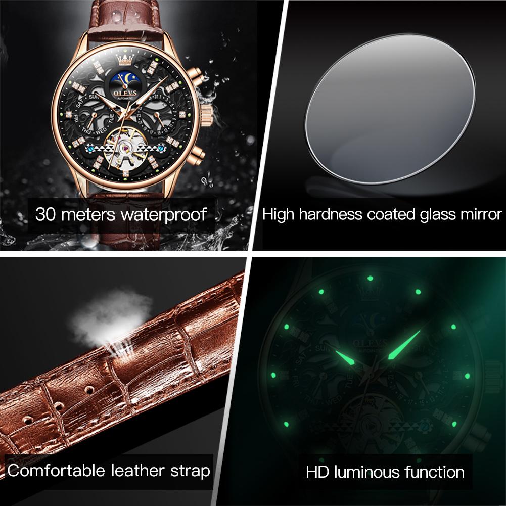 OLEVS Модные Мужские Автоматические Механические Часы Корпус Rose Gold Турбийон Скелет Дата Фазы Луны Водонепроницаемые Часы Reloj