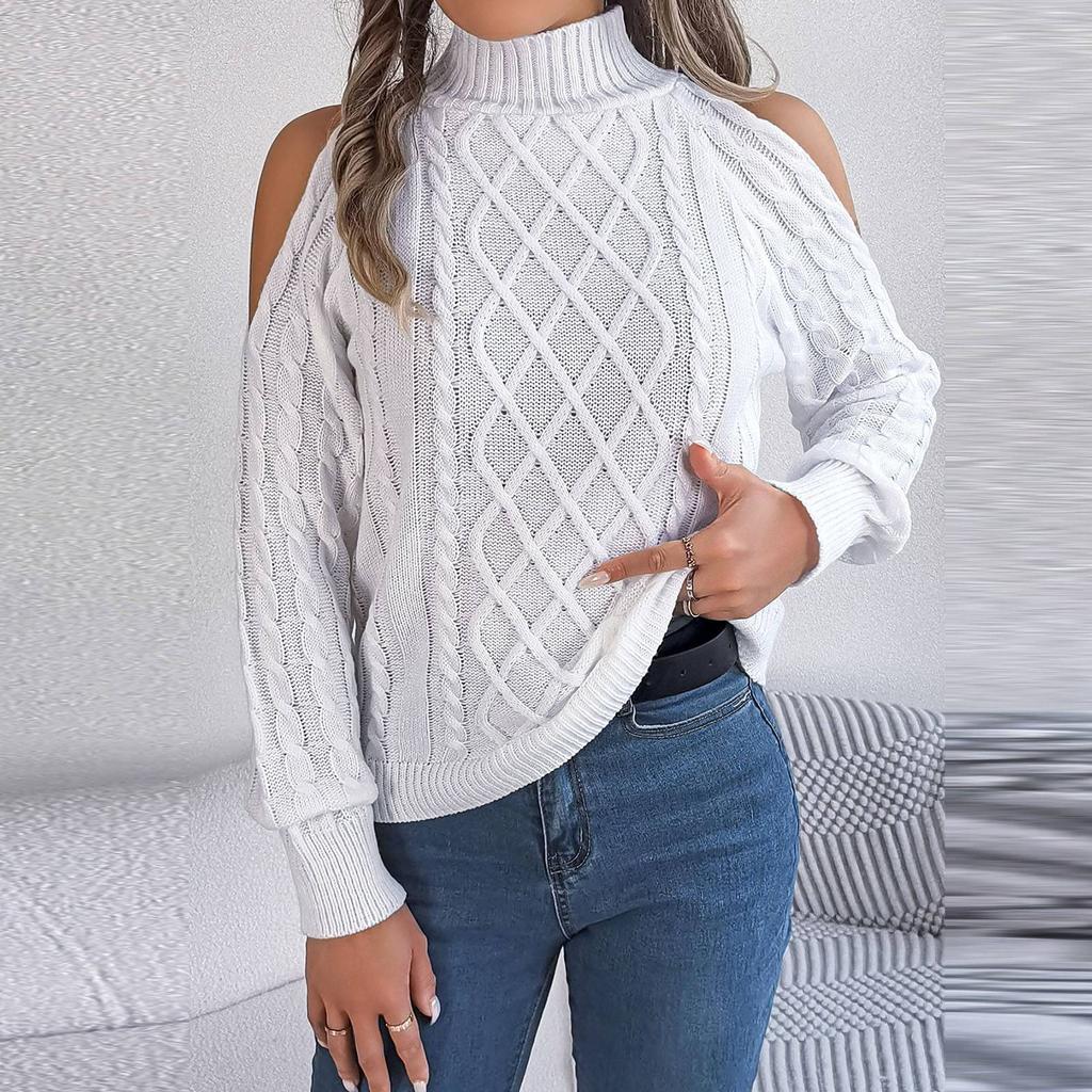 Женский модный повседневный свободный свитер с открытыми плечами и полувысоким воротом, однотонный, с длинными рукавами, пуловер, топ