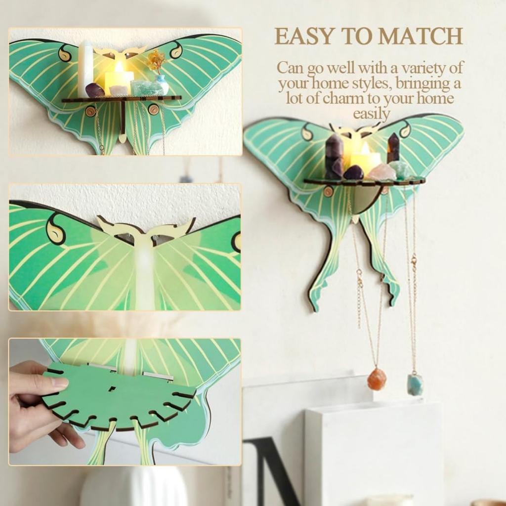 Butterfly Shelf Storage Rack Wooden Green Butterfly Hanging Wall Shelf Display Shelf Stones Candle Necklace Hanging Holder Interior Wall Decor Shelf