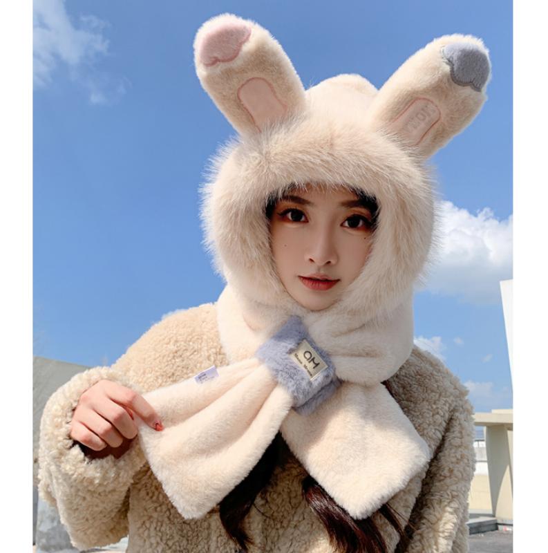 Cute Hat Scarf Integrated Winter Thickened Hat Scarf  Ear  Windproof Cute Fashion Outdoor Winter Warm Hat Plush Furry Plus Scarf Two-piece Set