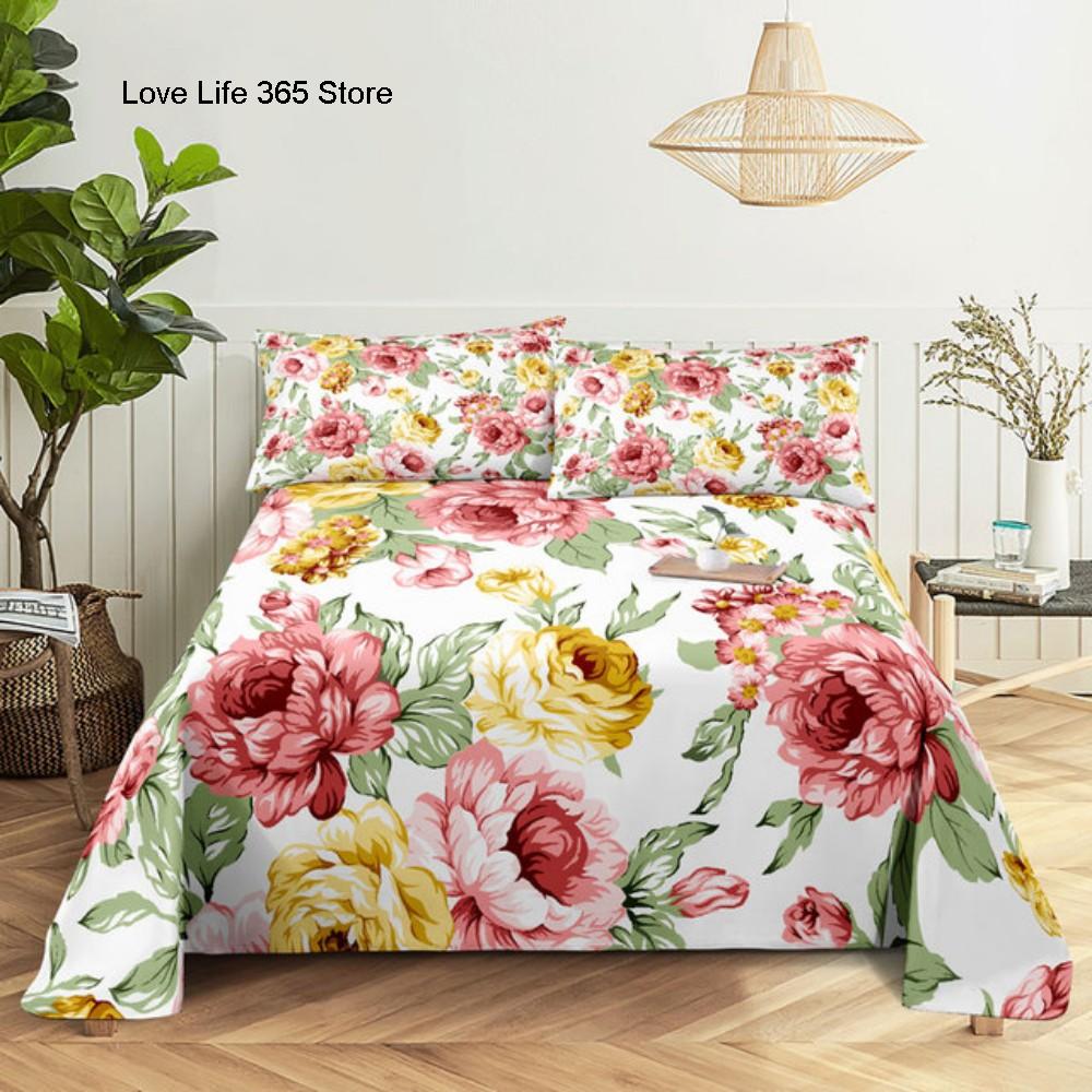 Pink Rose Bed Sheet Sets 3D Print Flowers Flat Soft Cover For Women Kids Girls King Queen Full Twin Size Linen Room Decor