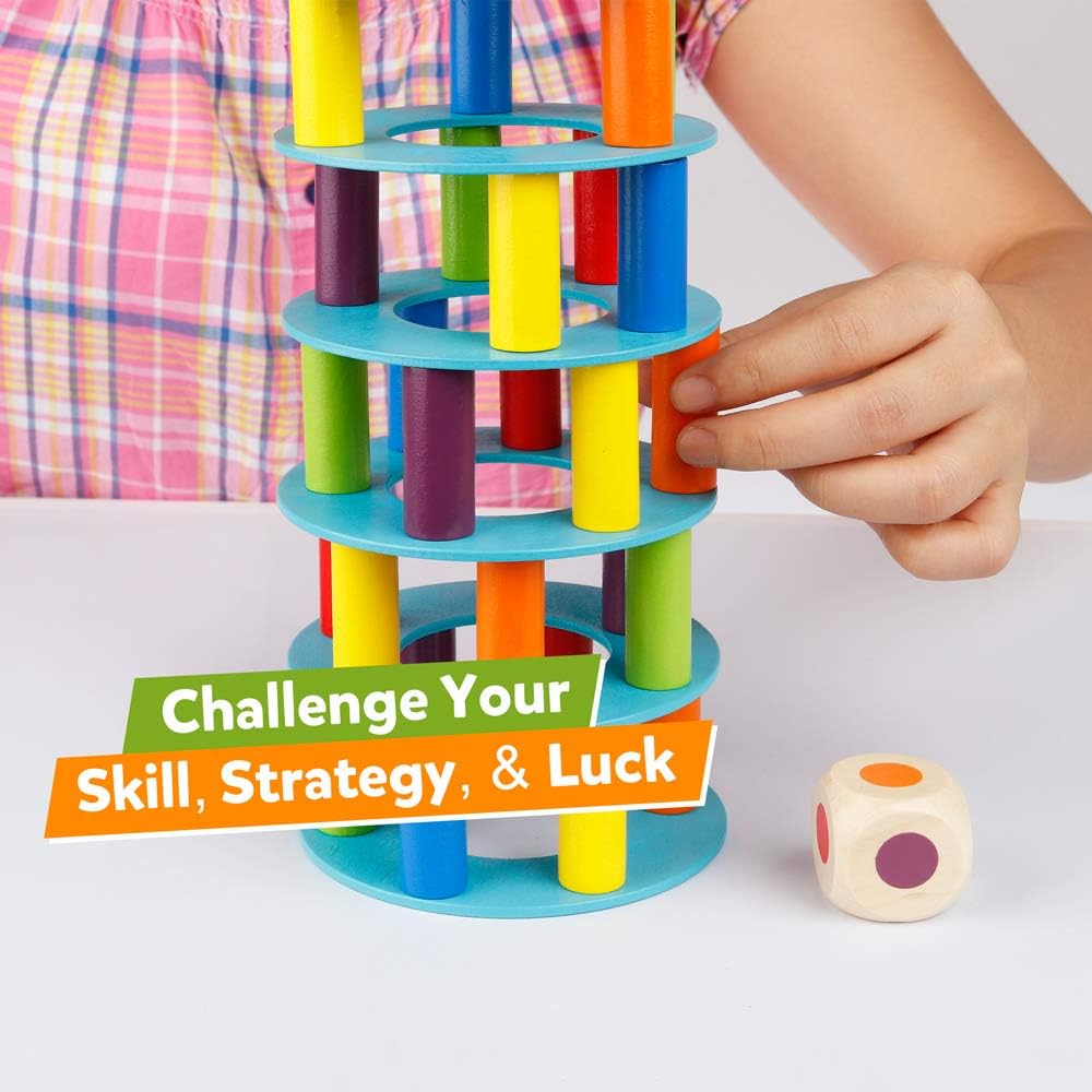 Coogam Wooden Tower Stacking Game, Fine Motor Skills Building Blocks with Dice, Slate Tower Toy, Montessori Family Party Games for Children and Adults