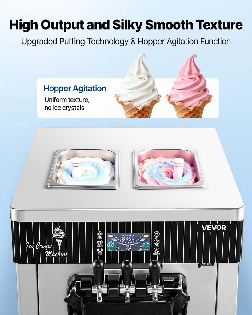 Commercial Ice Cream Machine, 20-28L/H Yield, 2200W 3-Flavor Countertop Soft Serve Ice Cream Maker with 2 x 6L Hoppers & Hopper Agitation, Pre-Cooling