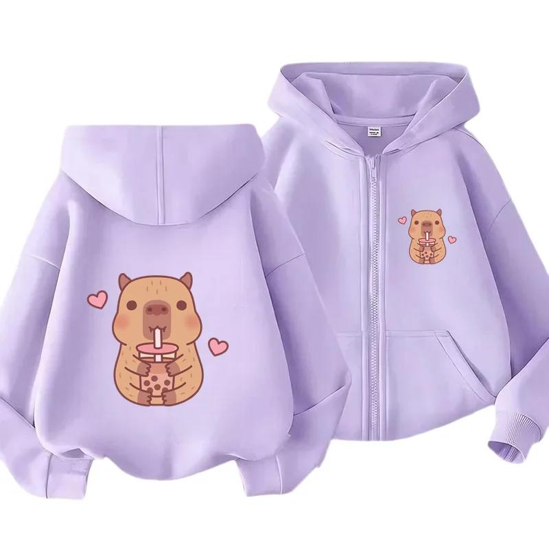 Kids Yellow Zip Hoodie Cute Capybara With Bubble Tea Heart Print Long Sleeve Outdoor Outerwear