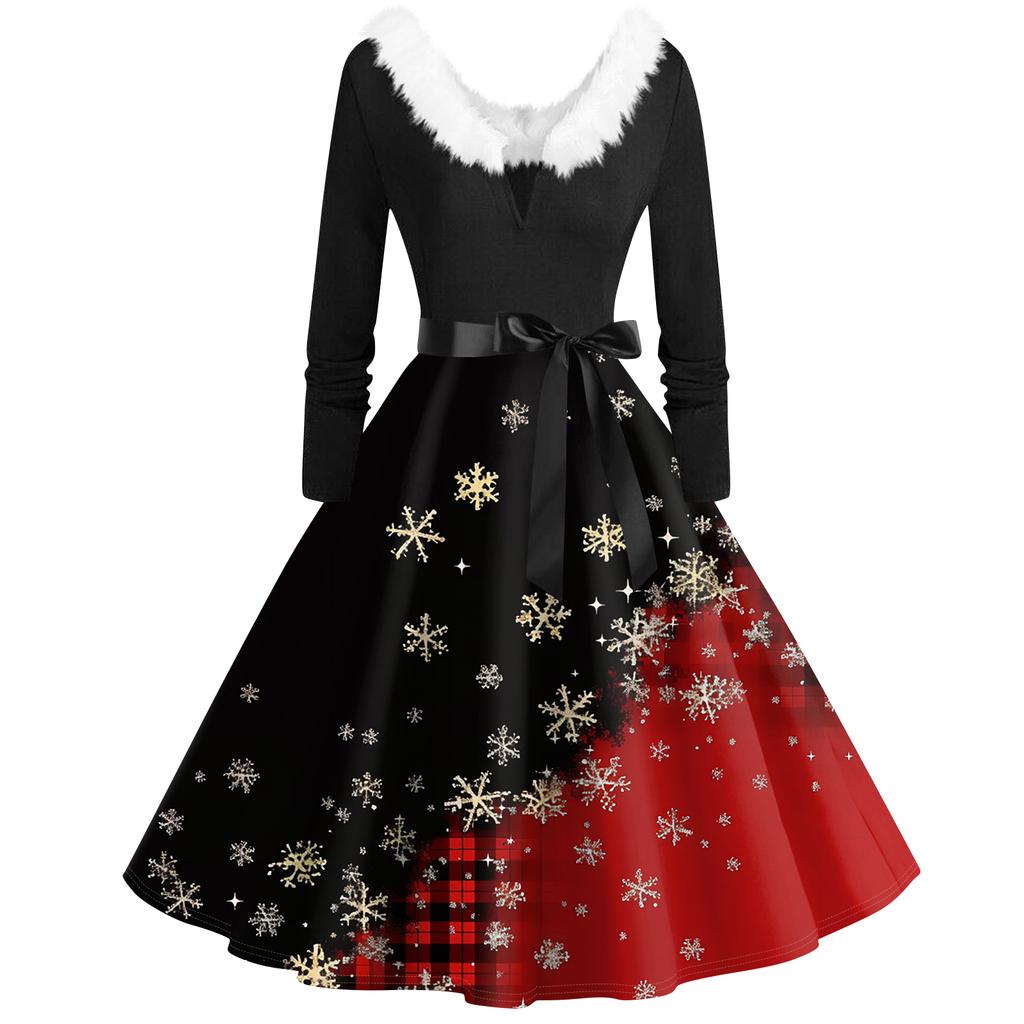 Женская мода с v-образным вырезом, повседневные тонкие рождественские платья с воротником из волос и длинными рукавами с принтом