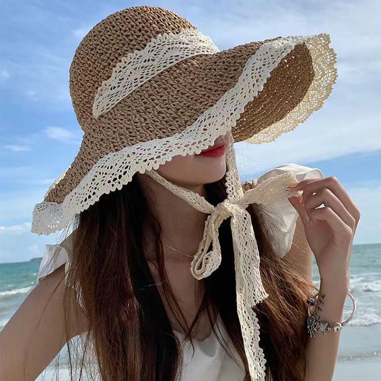 WTEMPO Соломенная шляпа с большими полями, защита от солнца, солнцезащитная шляпа, защита от ультрафиолета, весна-лето, пляжная, приморская, кружевная, рыбацкая шляпа