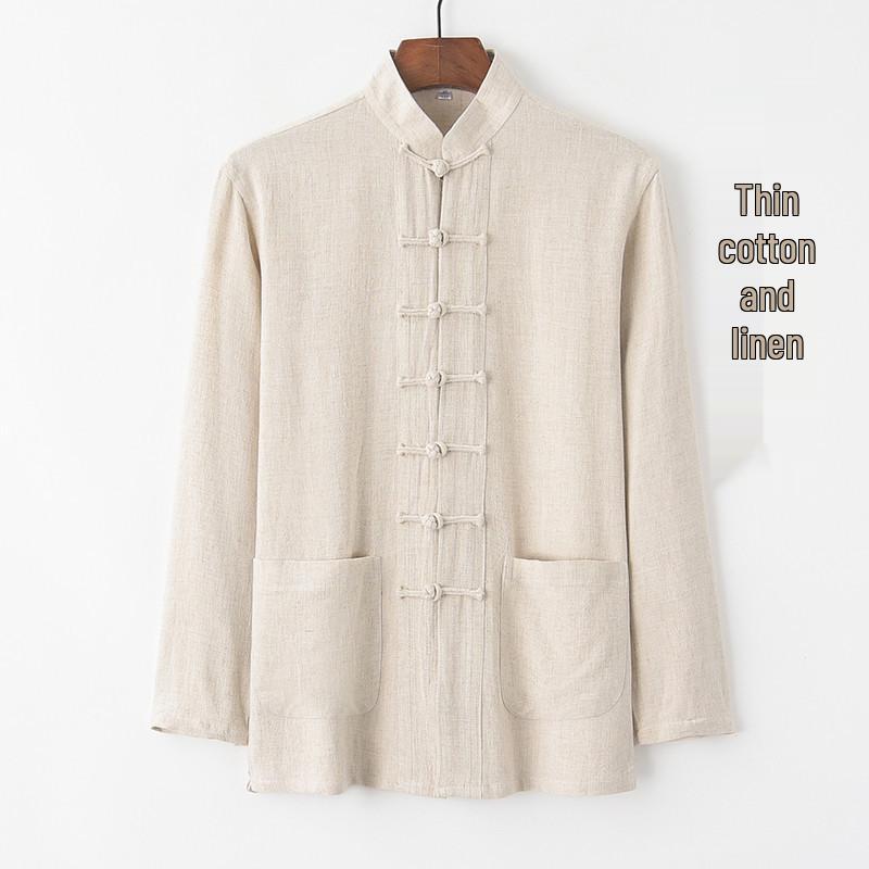 Мужской хлопково-льняной костюм Тан с длинным рукавом: Ретро китайский стиль, свободный крой для среднего и пожилого возраста, идеально подходит для тай-чи.