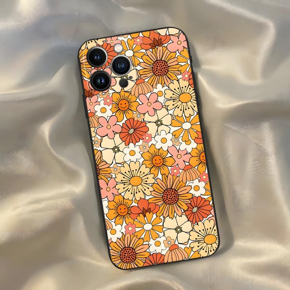 Красочный Хиппи Бохо Ретро Цветочный Чехол для Телефона для Iphone 16 15 14 13 12 11 Pro Max Xr X Xs Mini 8 Plus SE 2022 Черный Мягкий Силикон