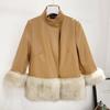 Autumn and winter new leather jacket imitation fox fur casual stand-up collar leather jacket seven-quarter sleeve short women's clothing light