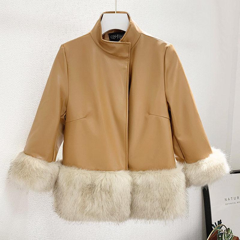 Autumn and winter new leather jacket imitation fox fur casual stand-up collar leather jacket seven-quarter sleeve short women's clothing light