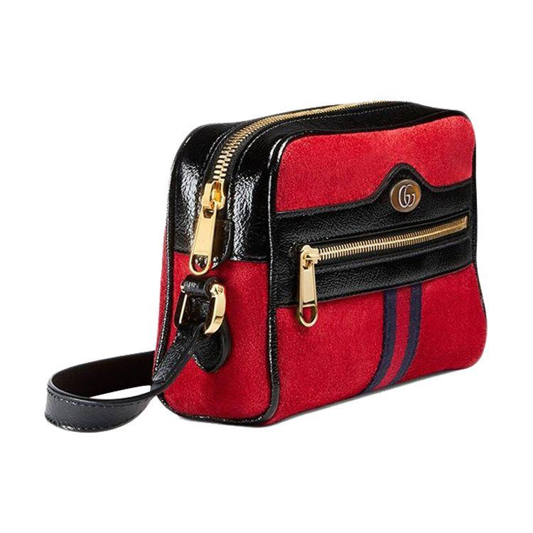 Gucci Ophidia Stripe Web Suede Patent Trim Camera Bag Women Shoulder Bag Red Black 517350-0KCDG-8670