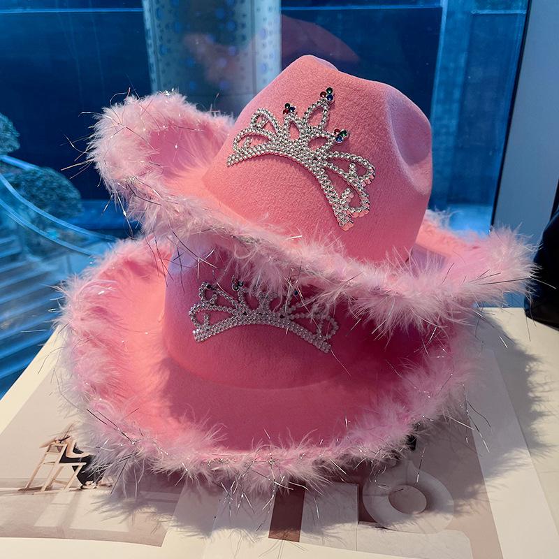 Розовая ковбойская шляпа с короной из перьев и стразами для фестивалей