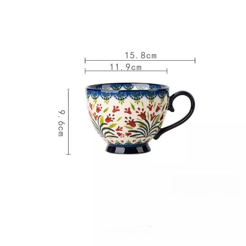 Расписанная вручную керамическая суповая миска с подносом для закусок, винтажный цветочный рельефный дизайн, можно использовать в микроволновой печи, большая ручка и толстое дно, идеально подходит для хлопьев, орехов