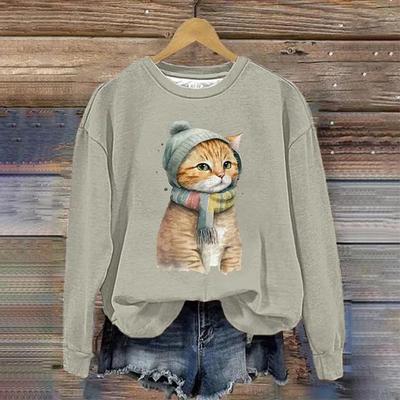 2024 Новая женская толстовка с капюшоном в стиле ретро с милым рисунком кошки и 3D-принтом, осенне-зимняя женская свободная кофта с длинным рукавом