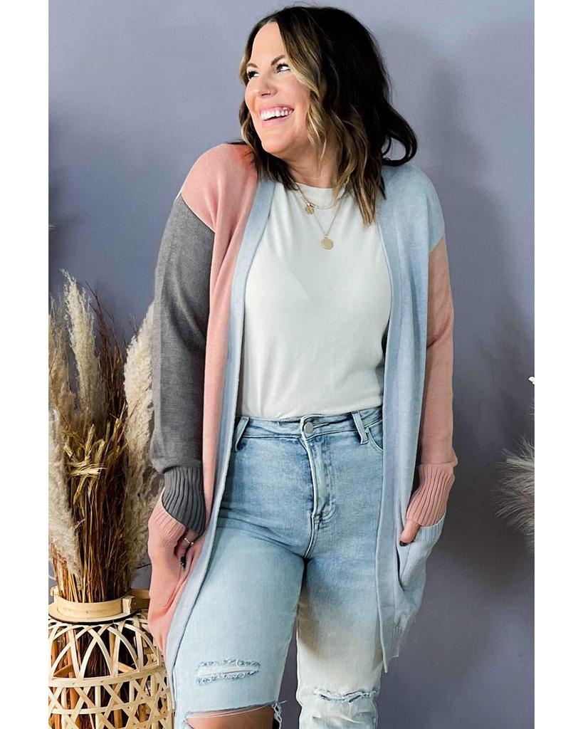 Azura Exchange Multicolor Plus Size Colorblock Pocketed Open Front Cardigan