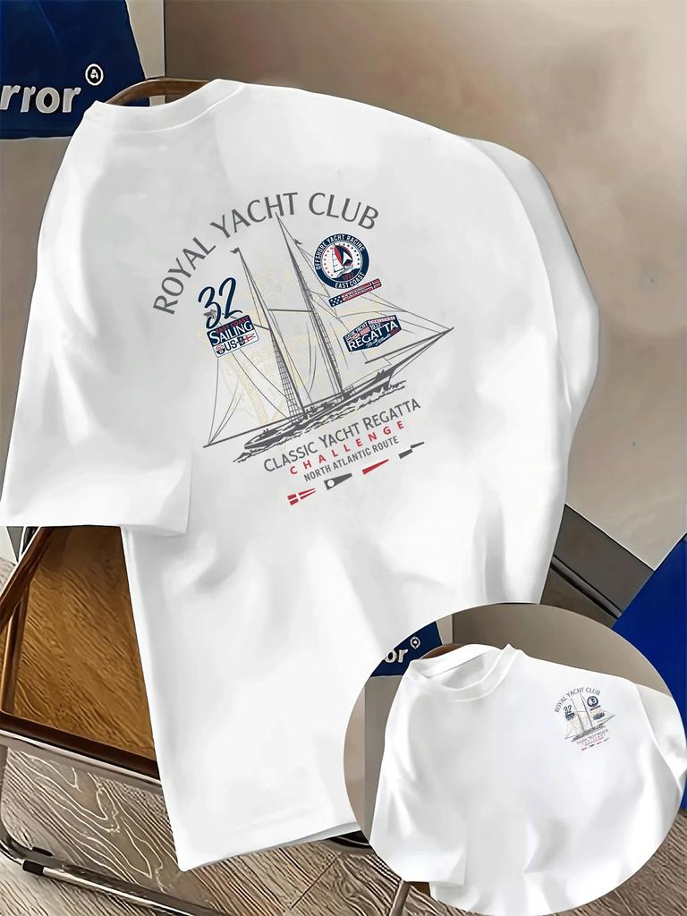 Unisexs 100 Cotton Tshirt With Royal Yacht Club Sailboat Pattern Casual Everyday Street Style Crew Neck Short Sleeve Top