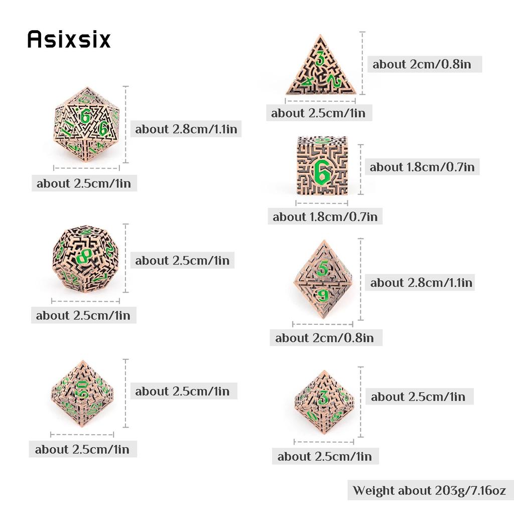 7 шт. медно-зеленые металлические кубики-лабиринт, набор твердых металлических многогранных кубиков, подходящий для ролевой игры, настольной игры, карточной игры