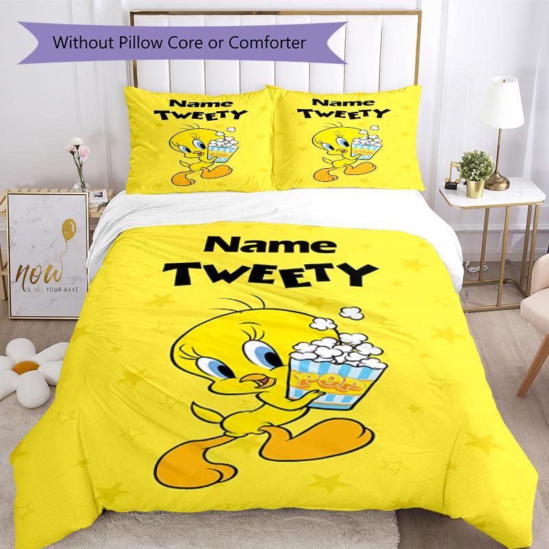 3pcs Custom Name Tweety Bird Bedding Set Duvet Cover Closure Includes 1 Duvet Cover & 2 Pillowcases, Soft and Comfortable for All Seasons.