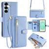 For Samsung Galaxy S25+ Leather Case Zipper Pocket Wallet Phone Cover with 2 Straps