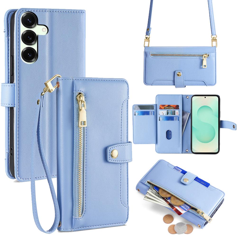 For Samsung Galaxy S25+ Leather Case Zipper Pocket Wallet Phone Cover with 2 Straps