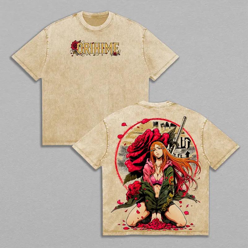 BLEACH Inoue Orihime Printed Tee Men Women Washed Cotton T-shirts Manga Vintage T Shirt Harajuku Male Casual Short Sleeve Tshirt