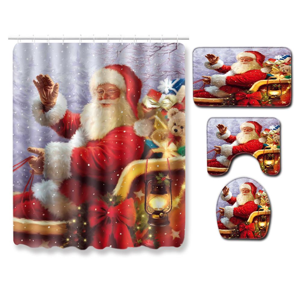 Christmas Shower Curtain Floor Mat Combination Four-Piece Set Bathroom Toilet Carpet Shower Room Mat Foot Mat
