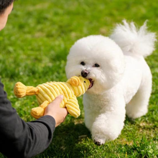 Pet Toy with Soft Plush Fabric Bite-Resistant Chew Toy Built-in Sound Design Yellow Duck Shape Dog Toy for Puppy Adult
