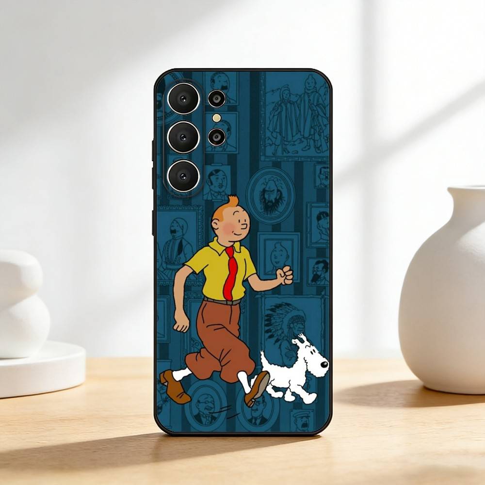Собака Приключения Т-Тинтина Чехол для телефона Samsung S26,S25,24,23,22,30,21,10,9,Ultra,Plus,Lite,FE Мягкий Черный Чехол
