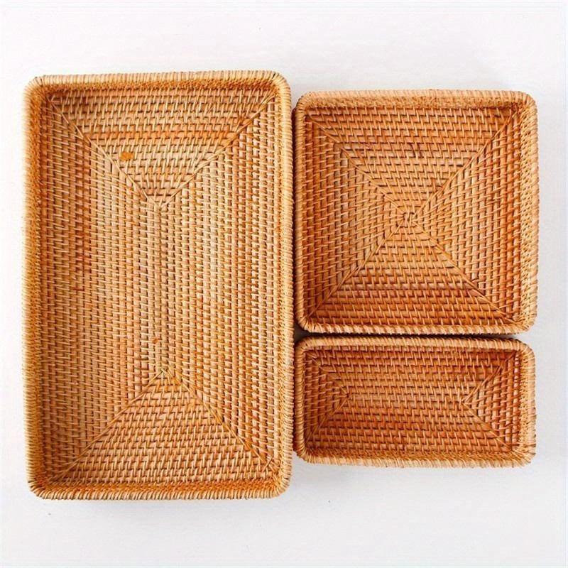 Hand-Woven Storage Basket Rattan Storage Tray Wicker Baskets Bread Fruit Food Breakfast Display Box Handicrafts Home Decoration