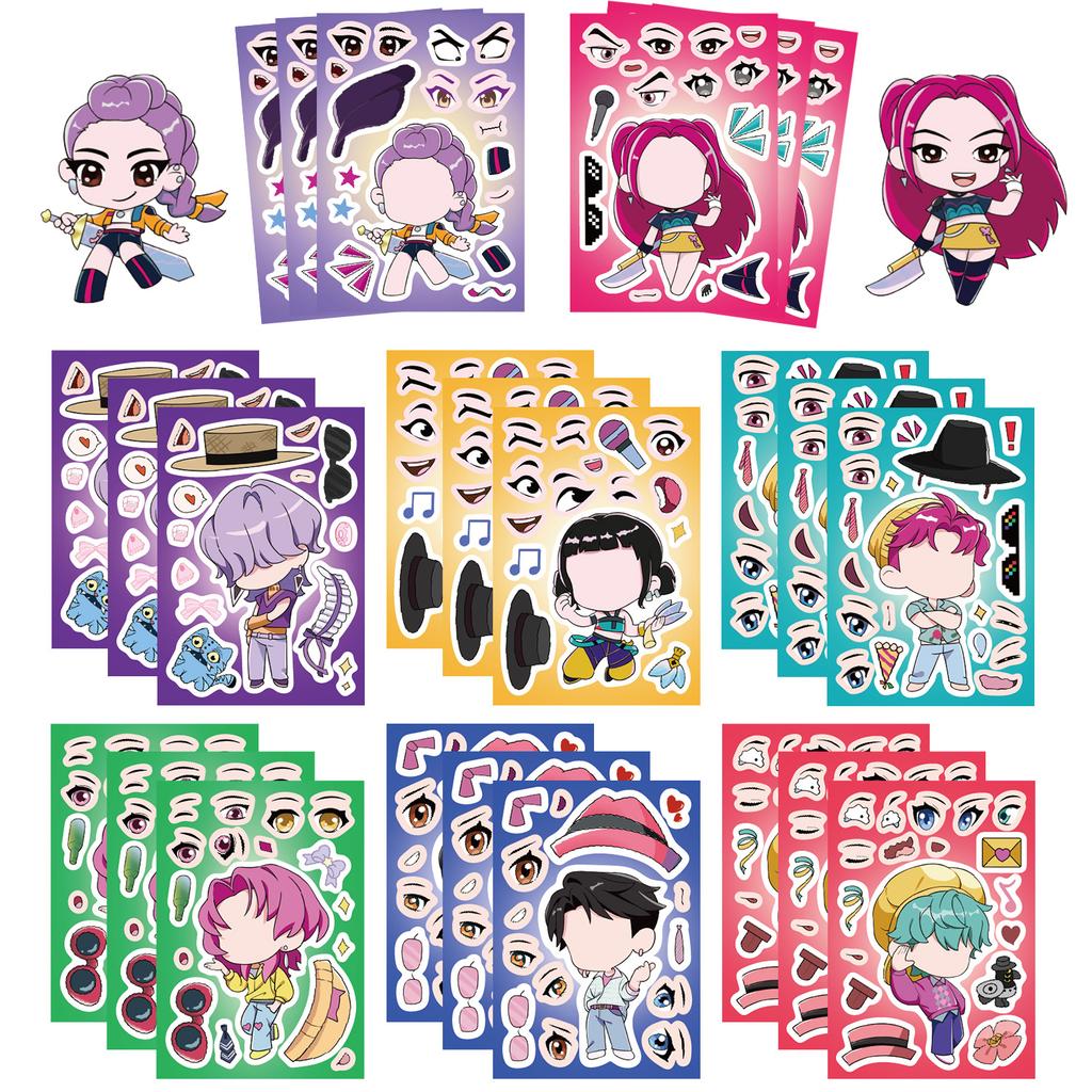 8Sheets Children DIY Puzzle Sticker Games K-POP DEMON HUNTERS Make A Face Funny Assemble Jigsaw Stickers Kids Educational Toys