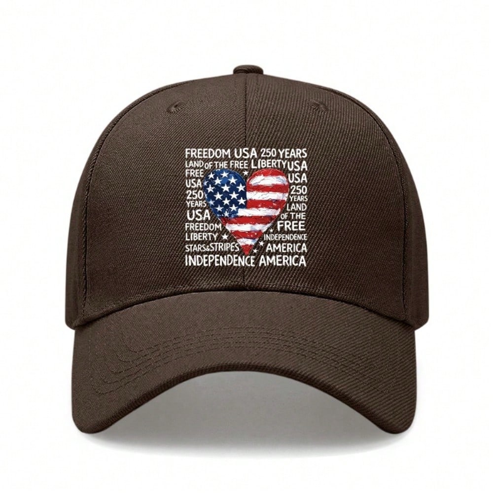USA Baseball Hat - Vintage Heart Print Freedom USA 250 Years Land Of The Free Adjustable Polyester Lightweight Patriotic Holiday Baseball Cap For