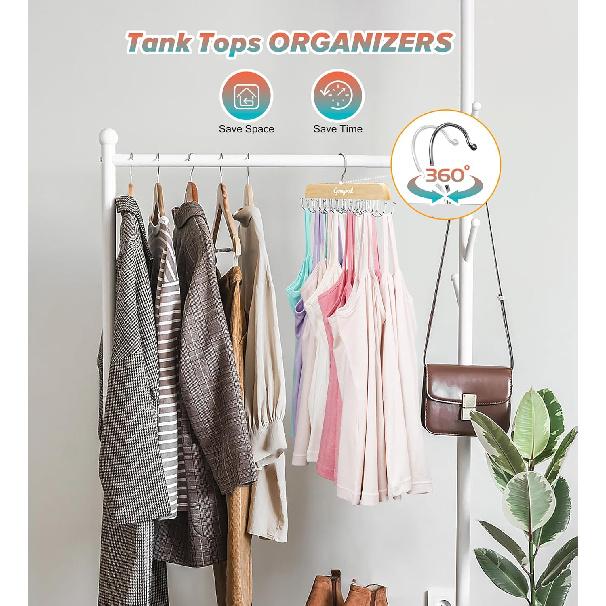 Bra Hanger for Closet, Tank Top Hangers 2 Pack w/20 Hooks Holds 40 Bras, Capacity Foldable Wood Space Saving Hanger, 360°Rotating Closet Organizers