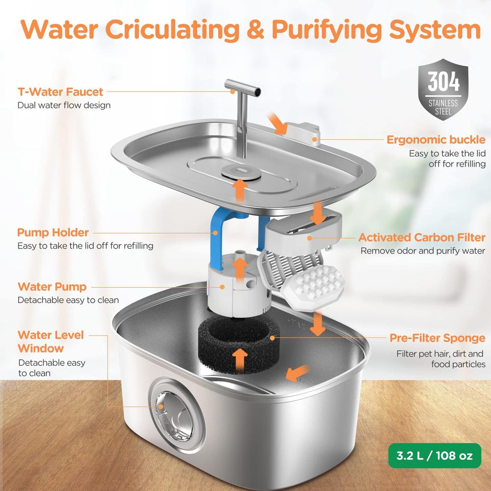 3.2L фонтан для питья кошек автоматический из нержавеющей стали для домашних животных собак диспенсер для воды с бесшумным насосом фонтан для нескольких домашних животных